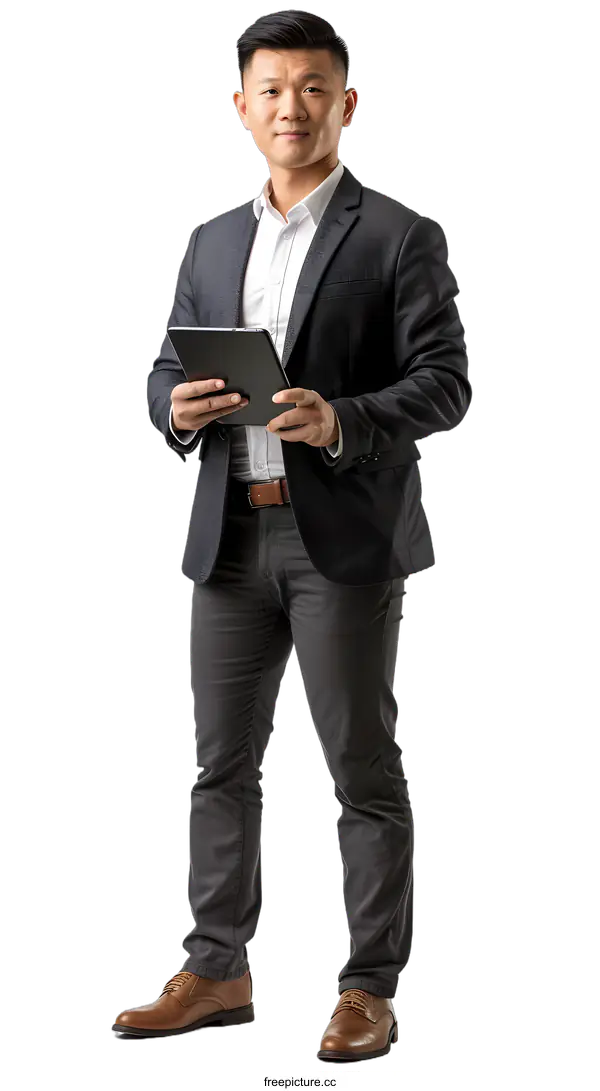 [Transparent Background PNG]Asian businessman in white shirt and grey suit jacket using a digital tablet