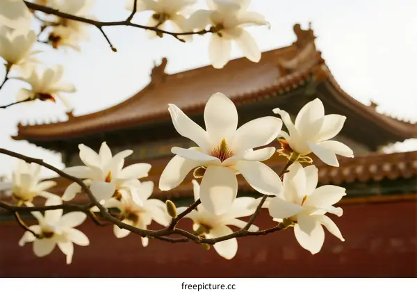 Magnolia Blossoms Against Traditional Chinese Architecture