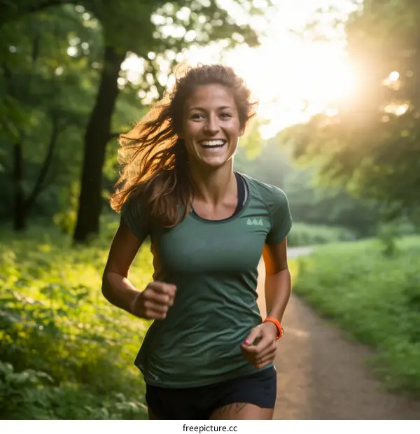 Young woman running in a forest trail smiling and happy