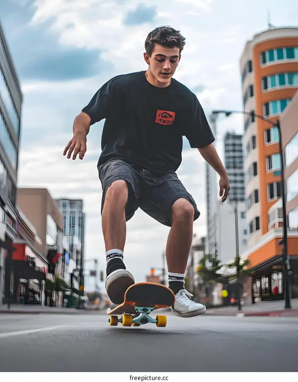Young Man Skateboarding in City