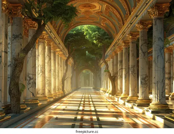 Fantasy Palace with Marble Columns Surrounded by Majestic Trees