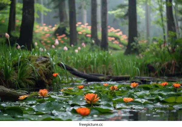 Orange water lilies in a misty forest