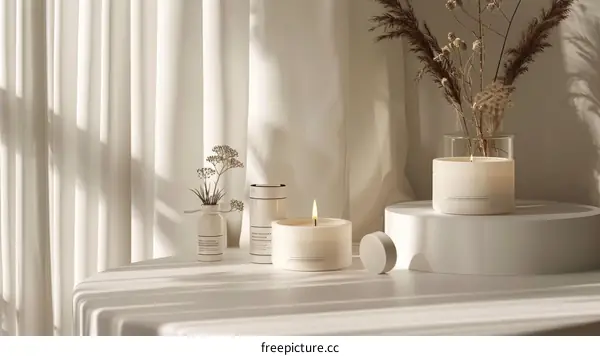 Minimalist Home Decor: Three White Candles and a Vase of Flowers on a Table