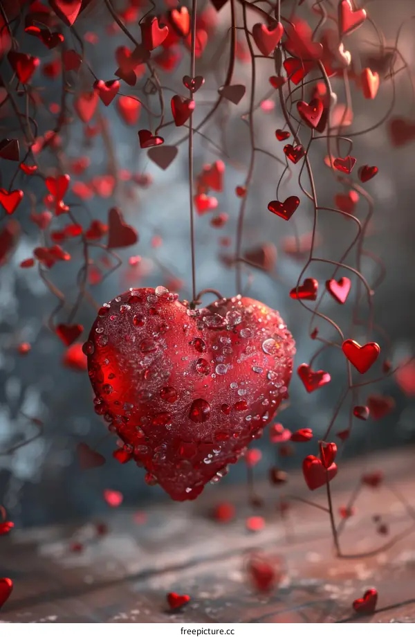 A Romantic Red Heart Hanging on a Tree Branch with a Softly Blurred Background