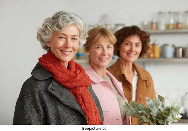 Three Women Smiling in a Kitchen Setting