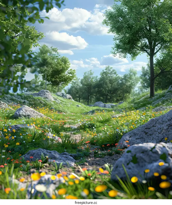 Vibrant Wildflowers in a Lush Green Meadow