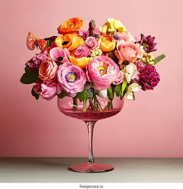 Colorful Spring Floral Arrangement in a Martini Glass