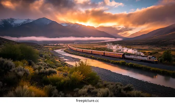 Majestic Sunrise Train Journey Through Mountain Valley
