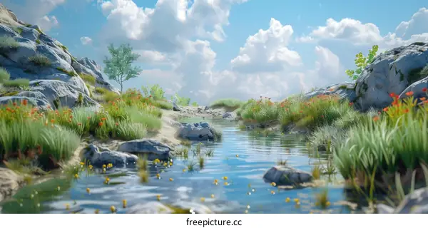 Sunny Stream, Rocks and Grass