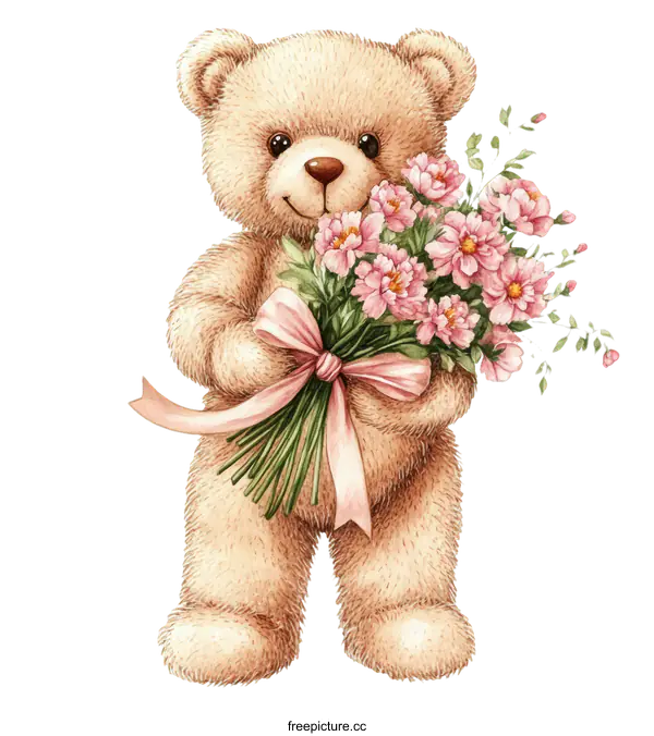 [Transparent Background PNG]Teddy Bear with Flowers Illustration