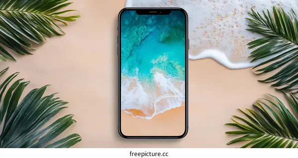 Tropical Beach Background with Phone Displaying Ocean View