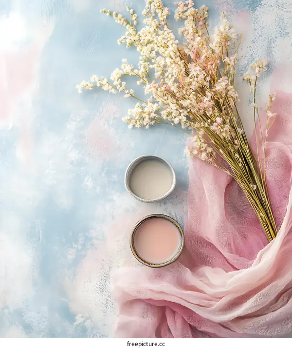 Pastel Pink and White Floral Still Life with Tea