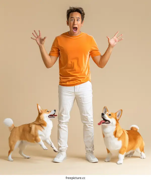 Surprised Man with Two Corgis