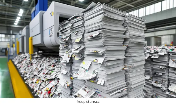 Large Stacks of Printed Papers in a Printing Factory