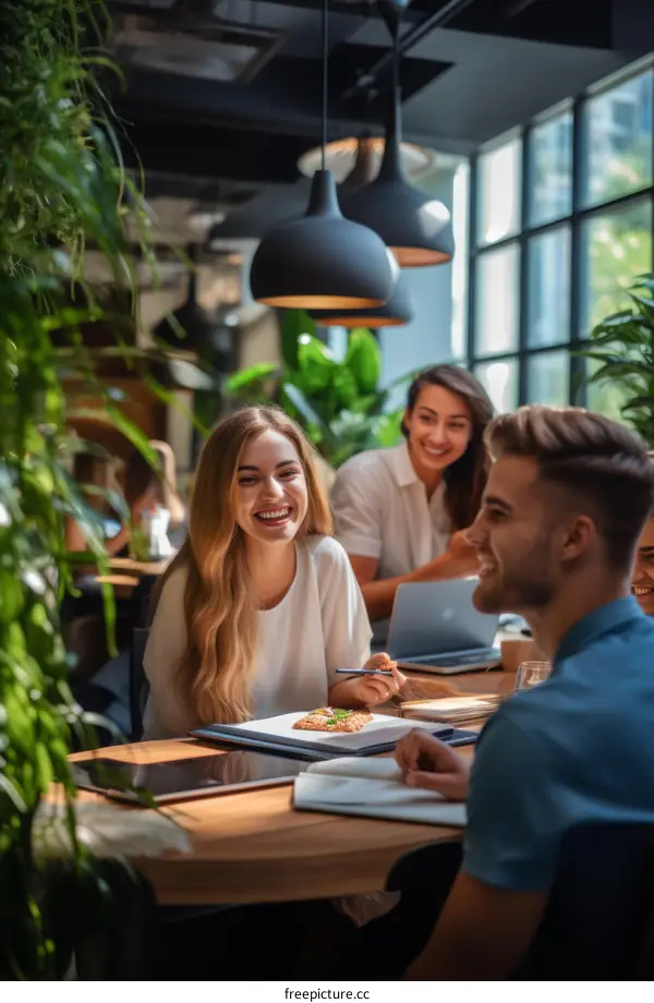Colleagues laughing and enjoying their lunch break in the office cafeteria