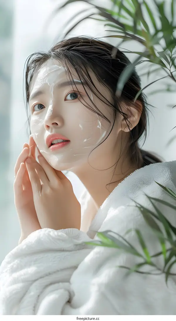 Beautiful Asian Woman with White Face Mask, Close Up Portrait of a Woman in Bathrobe