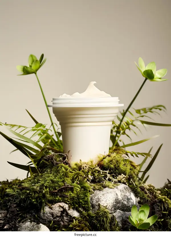 Natural Beauty Cream on Moss Covered Rock with Green Plants