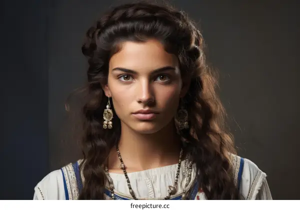 Portrait of a Young Woman Wearing a White Dress and Blue Jewelry