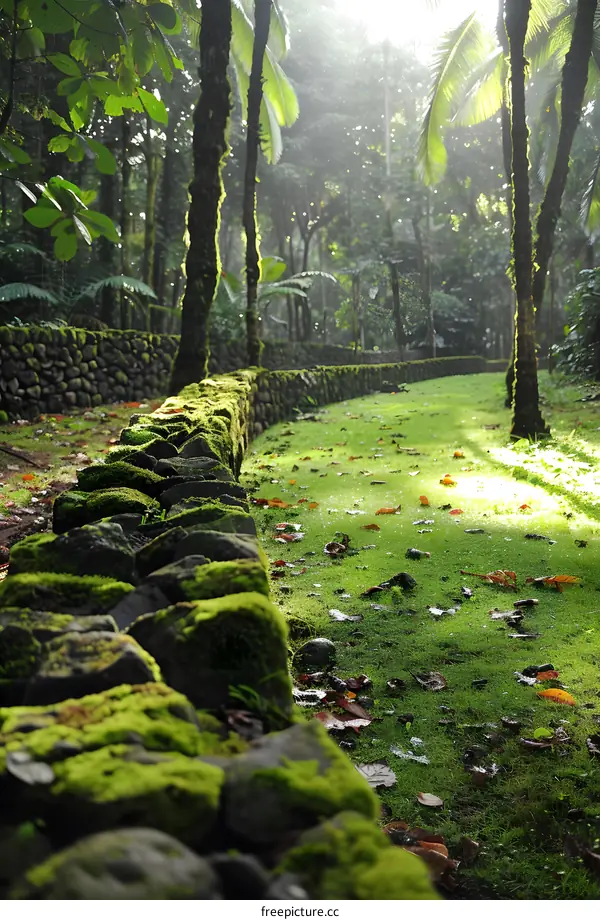 Stone Wall Covered in Moss in a Tropical Forest