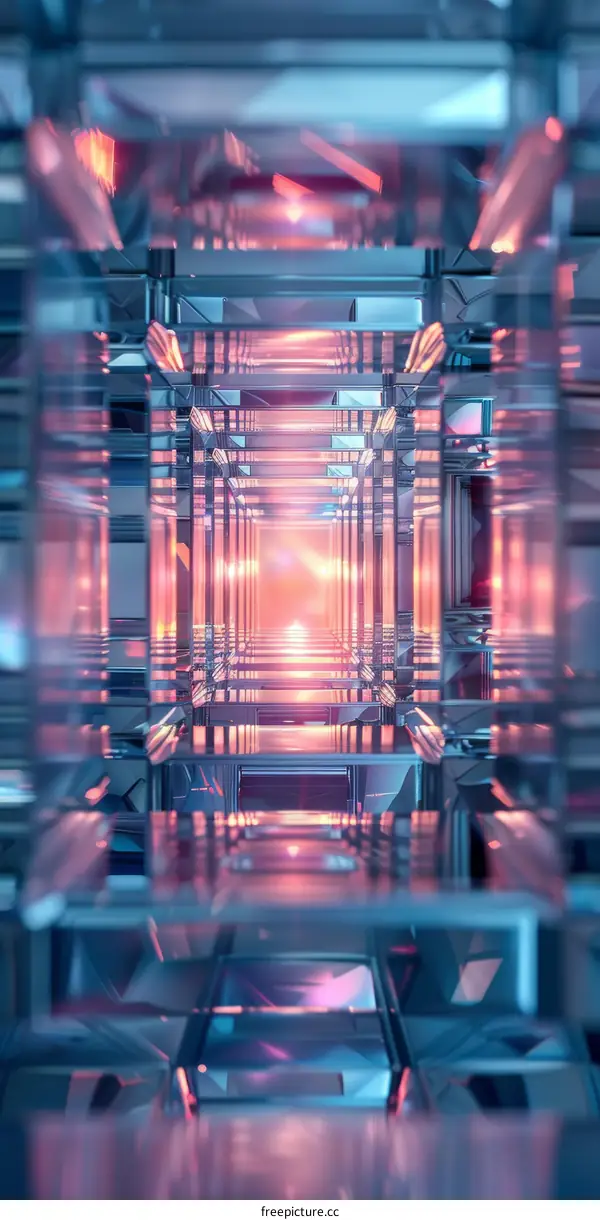 Blue and pink neon lights in a 3D rendered structure
