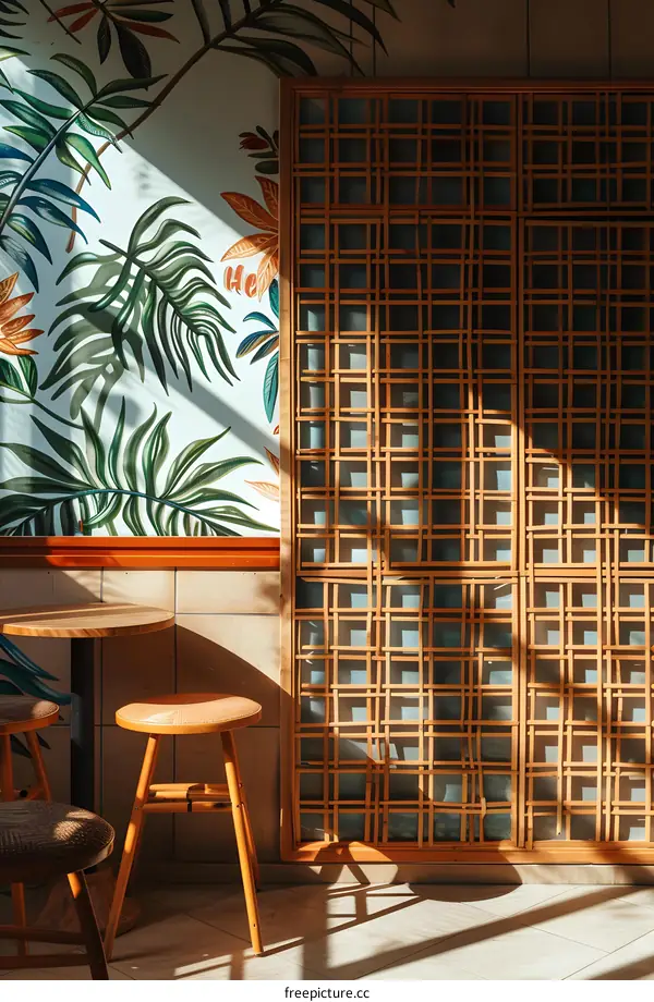 Tropical Leaves Pattern Wall with Wooden Lattice Screen and Stools