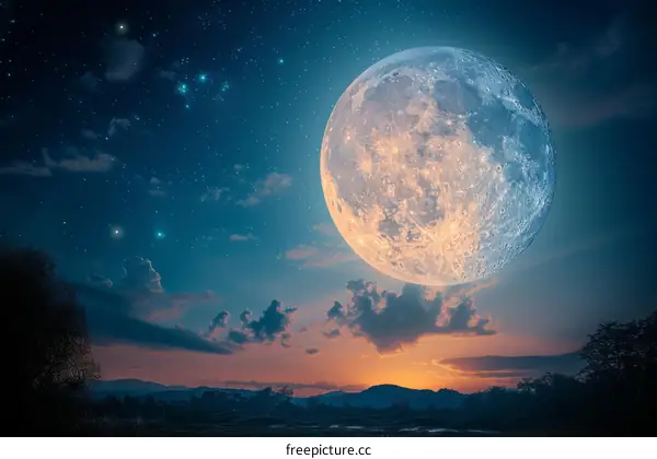 A beautiful landscape with a large moon in the night sky