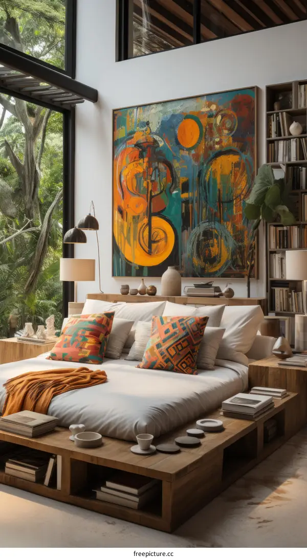 Artistic bedroom interior design with bookshelves and large painting