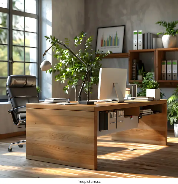 An executive office with a large desk, a comfortable chair, and a computer.
