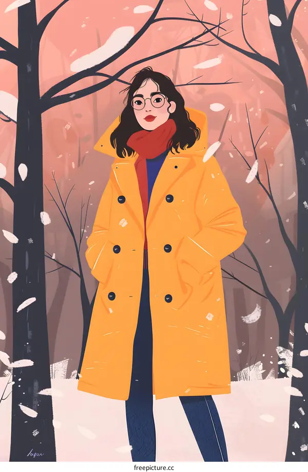 Woman Wearing Yellow Winter Coat in Snow Forest Illustration