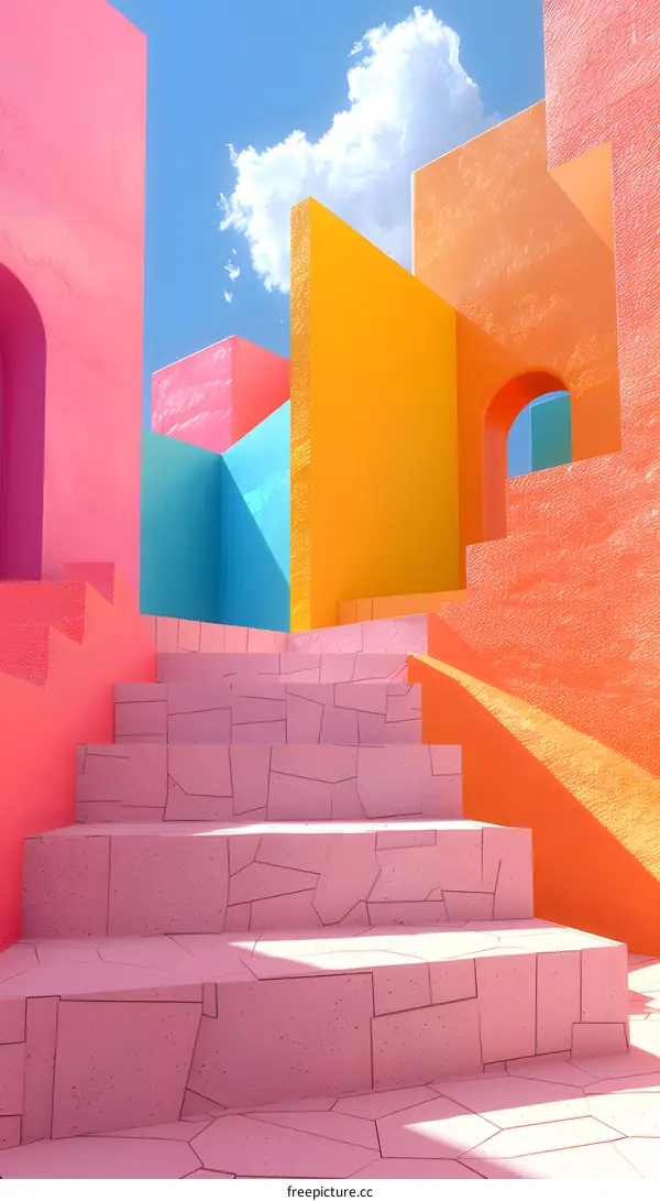 Pink staircase in a colorful 3D city