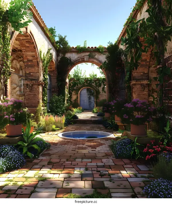 Secluded Garden Courtyard With Arched Entrance And Small Water Feature