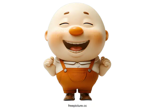 [Transparent Background PNG]A 3D illustration of a bald man with freckles and a big smile on his face. He is wearing a pair of brown overalls and brown shoes.