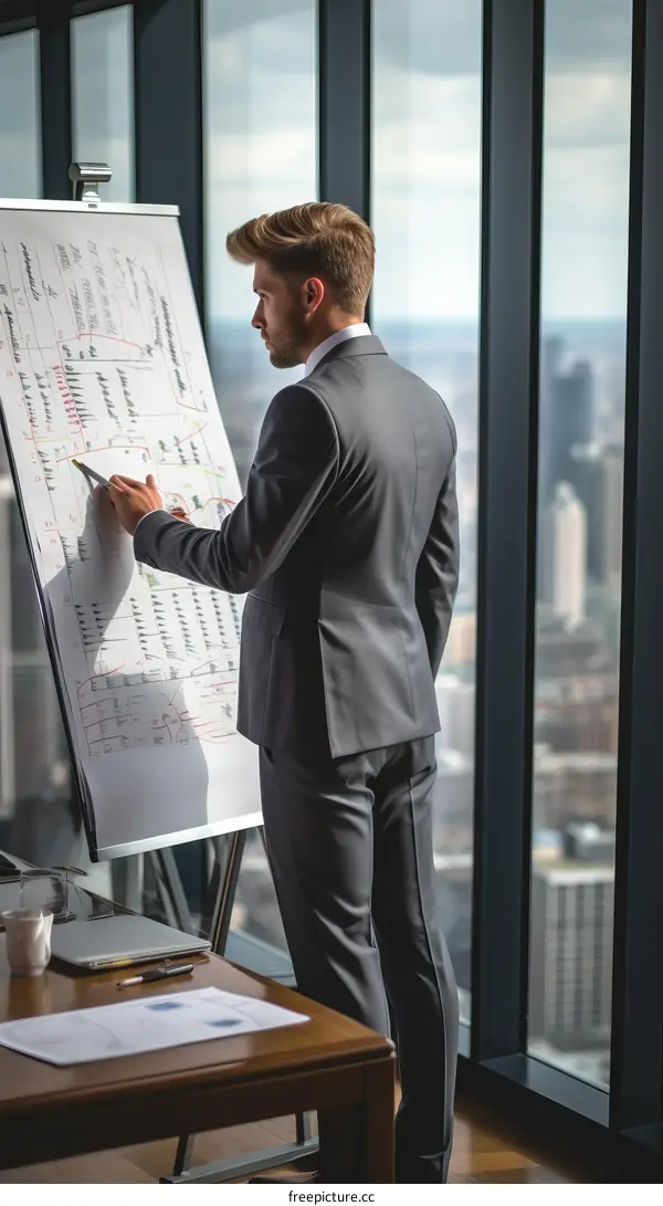 Businessman in suit standing by board with graphs and charts in office with floor to ceiling windows