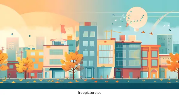 Autumn Cityscape with Hot Air Balloon and Birds