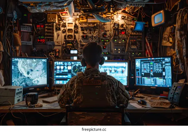 Soldier works at a computer station in a command center.