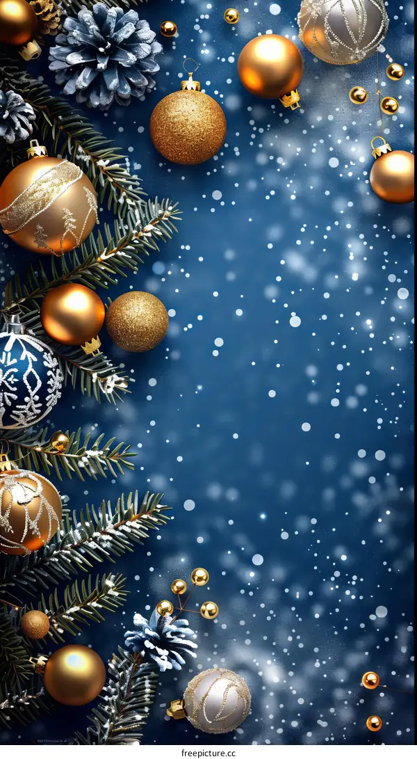 Golden Christmas ornaments and pine cones on a dark blue background with falling snowflakes