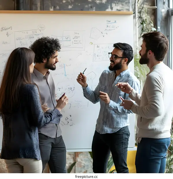 Group of Diverse Business Professionals Brainstorming and Collaborating on a Whiteboard