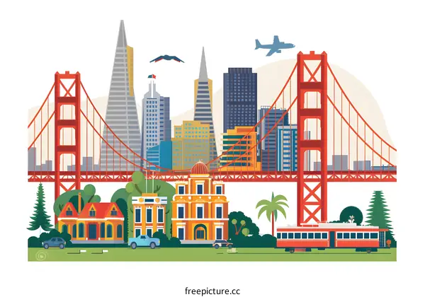 San Francisco Cityscape with Golden Gate Bridge and Buildings Illustration