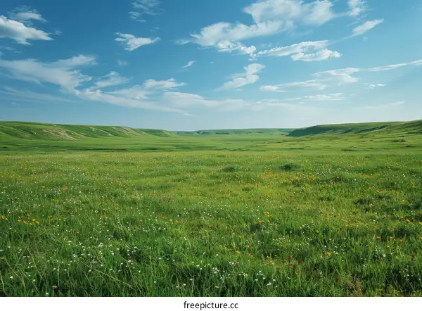 Vast Green Grassland Under Blue Sky