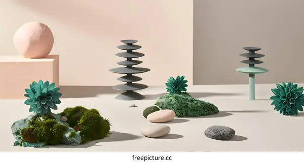 Abstract Minimalist  Still Life with Green Plants and Stones on White Background