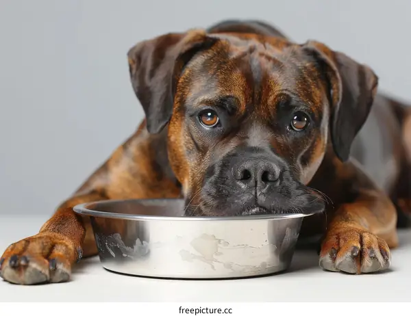 A brindle boxer dog is lying in front of an empty bowl