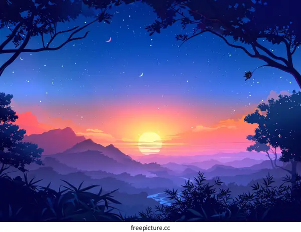 Sunset Forest Landscape Illustration