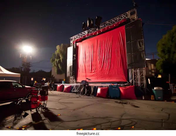 Large Red Screen Stage Setup for Night Event