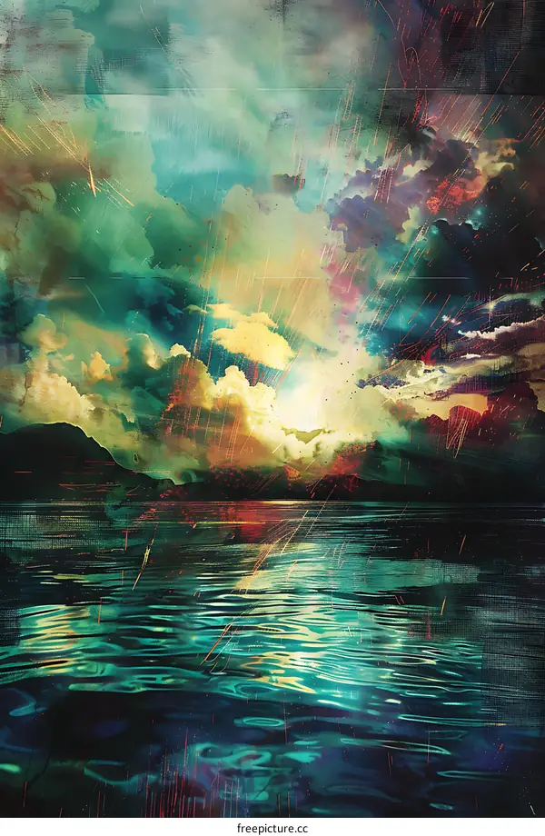 Abstract Watercolor Painting of Sunset Over Water