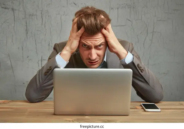Worried businessman holding his head while looking at laptop screen