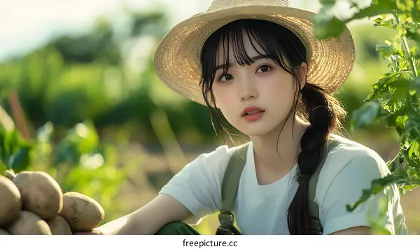 Asian Girl Harvesting Potatoes in a Field