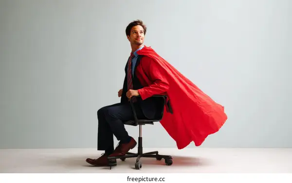 Businessman in Red Cape Sitting in Chair