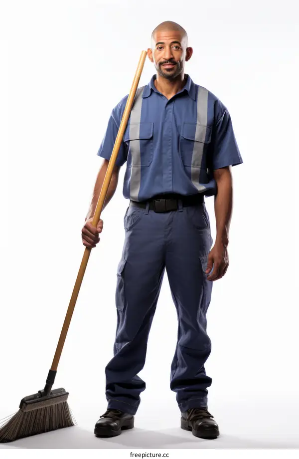 A smiling African-American man in a blue uniform holding a broom