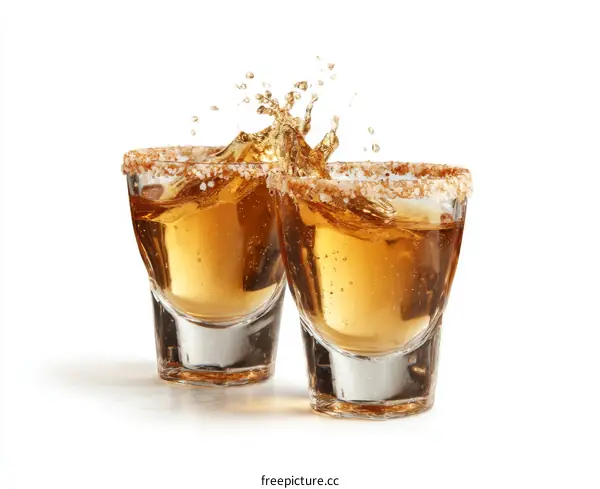 Two tequila shots with salt rim and splashing liquid