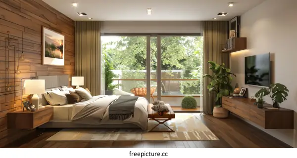 Modern Bedroom with Wood Paneling and Big Windows